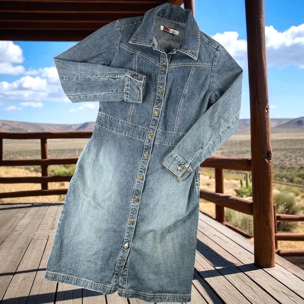 VTG Live A Little Denim Dress Women Small Western Cowgirl‎ Rodeo Jean Button Up